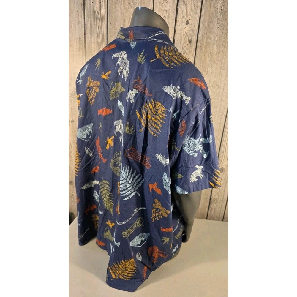 Columbia PFG Bigfoot Fish Print Button Up Shirt Navy 6XL Regular Fit